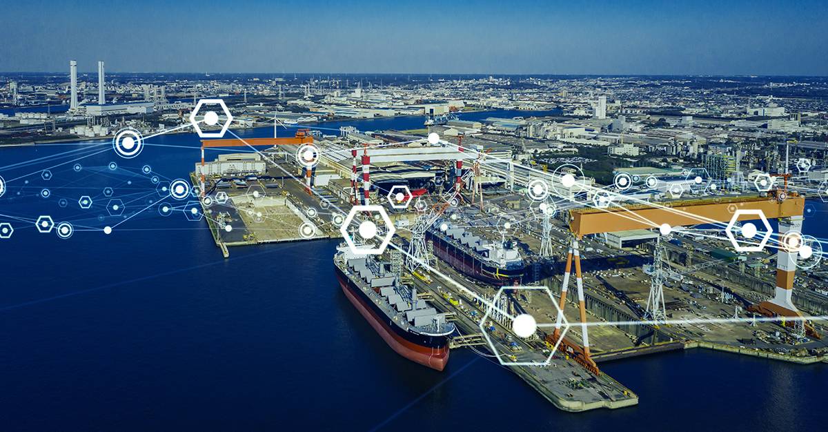 A shipping port with graphic showing how all the different elmens and functions of the port are connected.