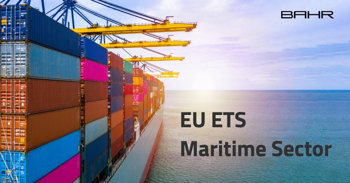 Container Ship with a sunset in the distance on the ocean with "EU ETS Maritime" in writing.