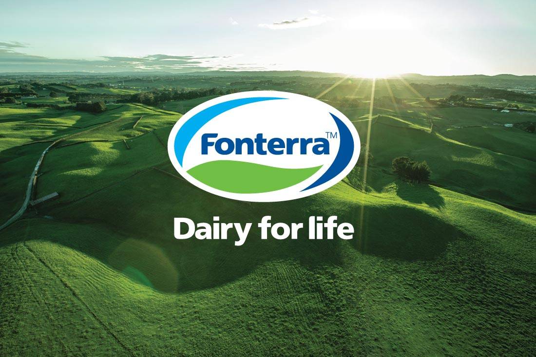 Fonterra Brand with their pay off line "Dairy for life" and rolling hills int he background.