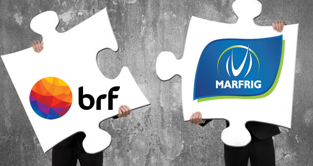 Two pieces of puzzle with BRF brand on the left and Marfrig on the right, coming together.