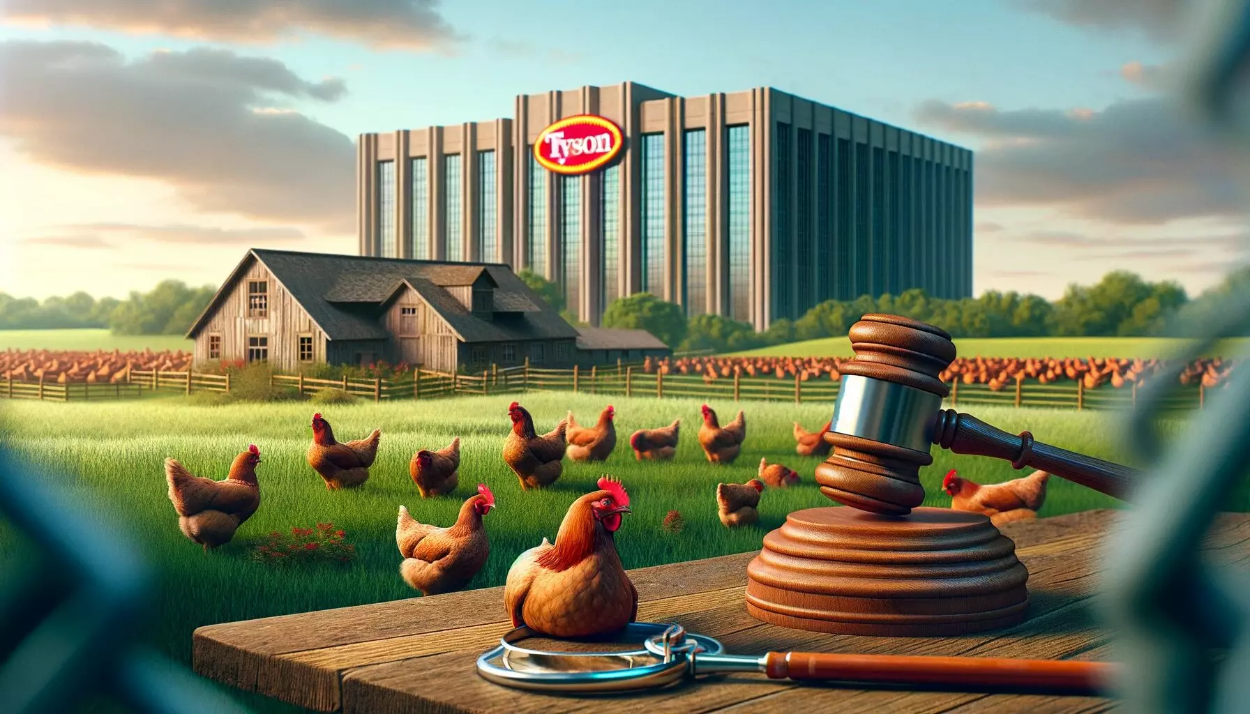 A-conceptual-image-representing-a-lawsuit-between-chicken-farmers-and-a-large-corporation-It-features-a-rural-farm-landscape-with-chickens-a-large-c
