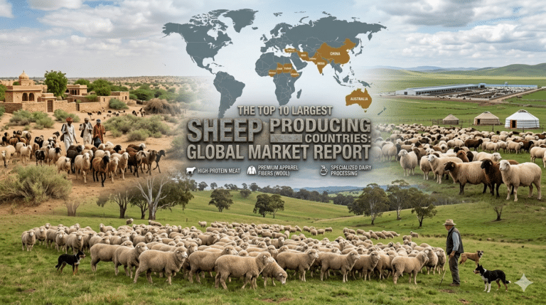 Graphic infographic showing a global map highlighting the top 10 sheep producing countries, showcasing pastoral sheep farming across Australia, China, India, and the Middle East.