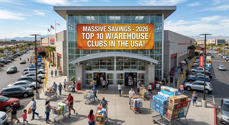 Busy exterior of a modern US warehouse club with a banner for massive 2026 savings on bulk groceries and household goods.