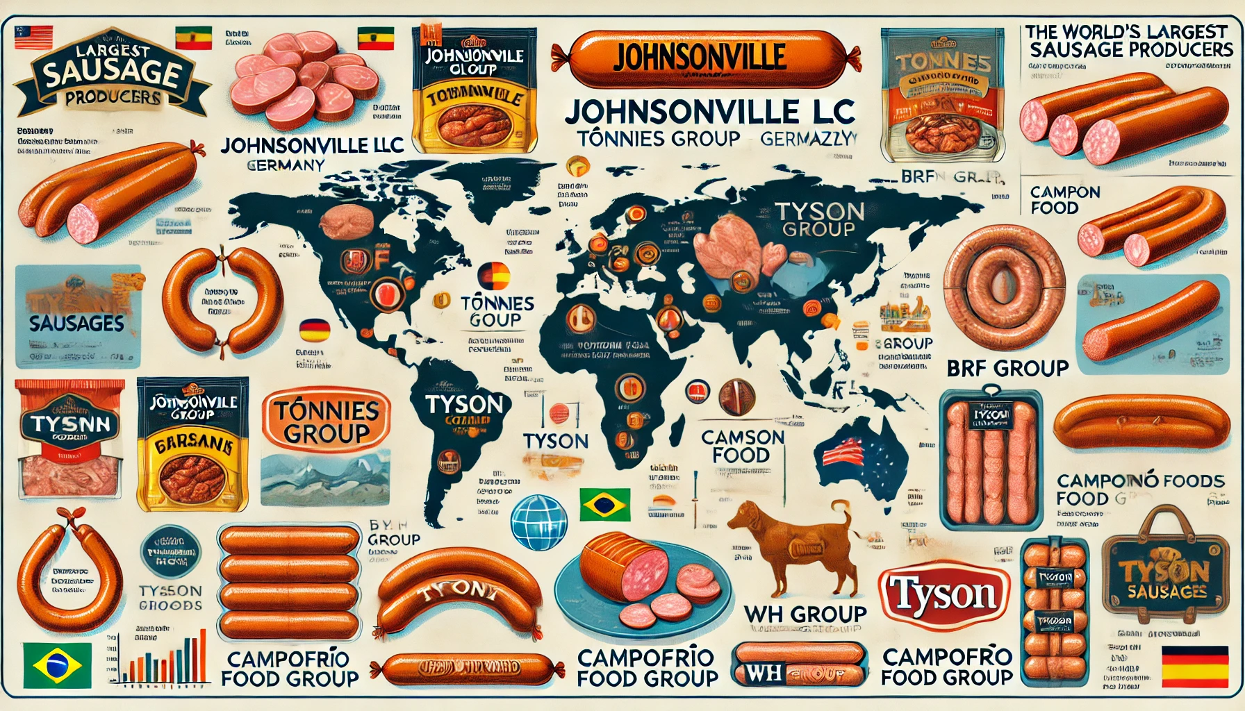 Discover the world's largest sausage producers, including Johnsonville LLC (USA), Tönnies Group (Germany), BRF S.A. (Brazil), WH Group (China), Tyson Foods (USA), Campofrío Food Group (Spain), and top Italian producers like Veroni and Levoni.