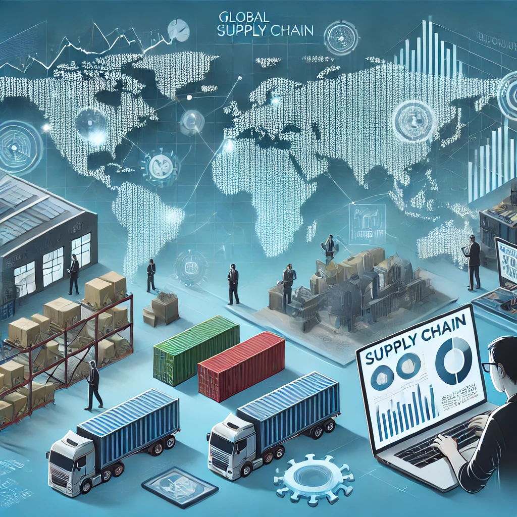 Illustration showing global supply chain disruption with closed factories, empty shipping containers, and blocked transportation routes, highlighting vulnerabilities in lean supply chain systems.