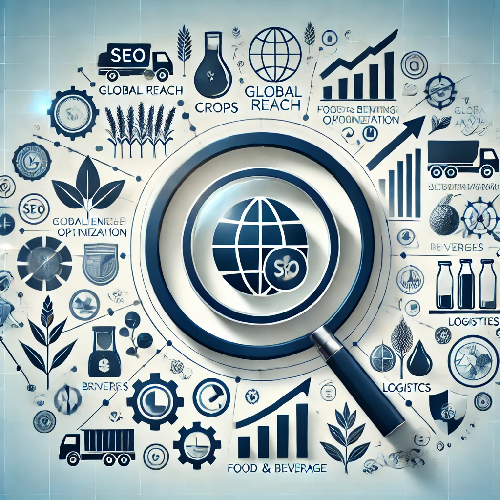 Image for the food and beverage industry, featuring a magnifying glass, upward arrows, graph, and globe, symbolizing global reach, data analysis, and enhanced visibility. Icons representing crops, beverages, fruits, and logistics are also included, set against a light gradient background with a dark blue color palette.