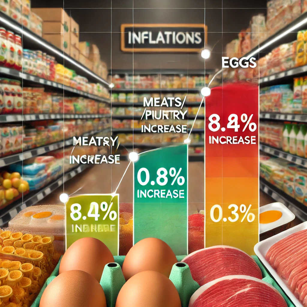 Graph showing rising grocery prices in September 2024, highlighting increases in eggs (8.4%), meats/poultry/fish (0.8%), and bakery products (0.3%). Set against a grocery store aisle background with food items like eggs, meat, and bread.