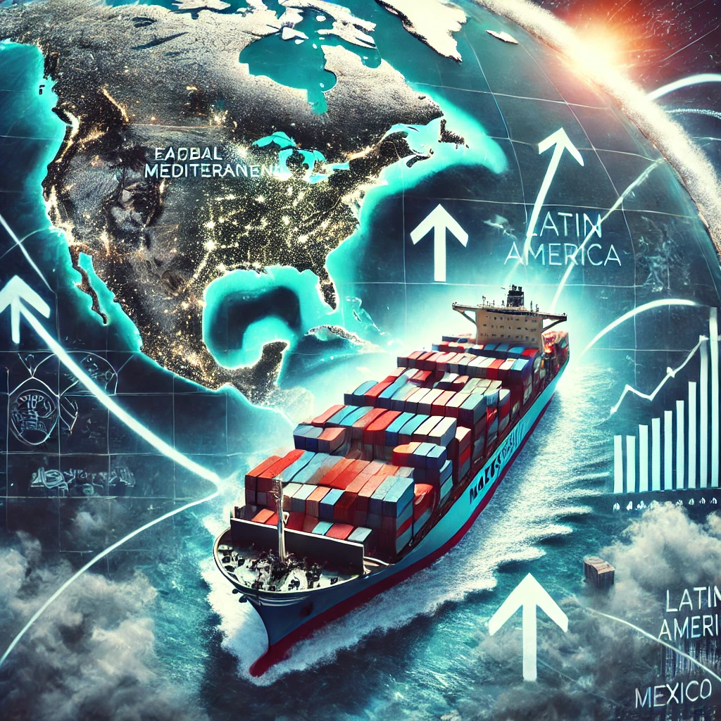 The image created represents global shipping during peak season, featuring a large cargo ship and key shipping routes.