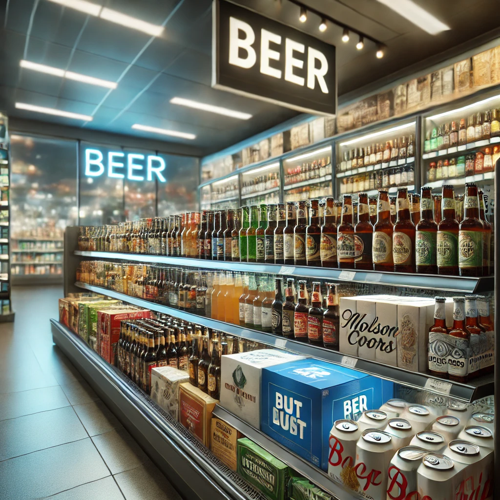 a modern convenience store shelf, stocked with various beer brands including Constellation Brands and Molson Coors, reflecting a well-organized and popular beer section in a bustling retail environment.