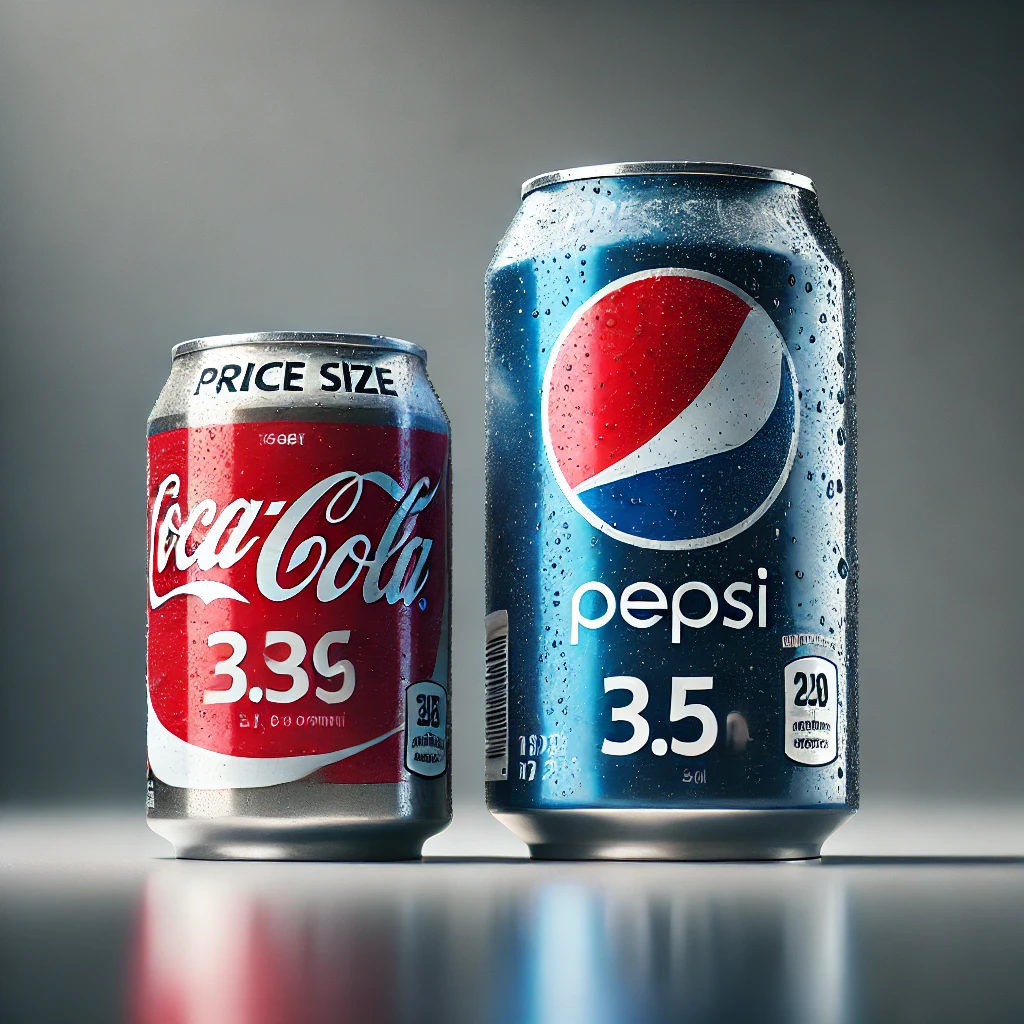 Comparison of a larger Coca-Cola can and a smaller Pepsi can, both priced the same, illustrating shrinkflation.