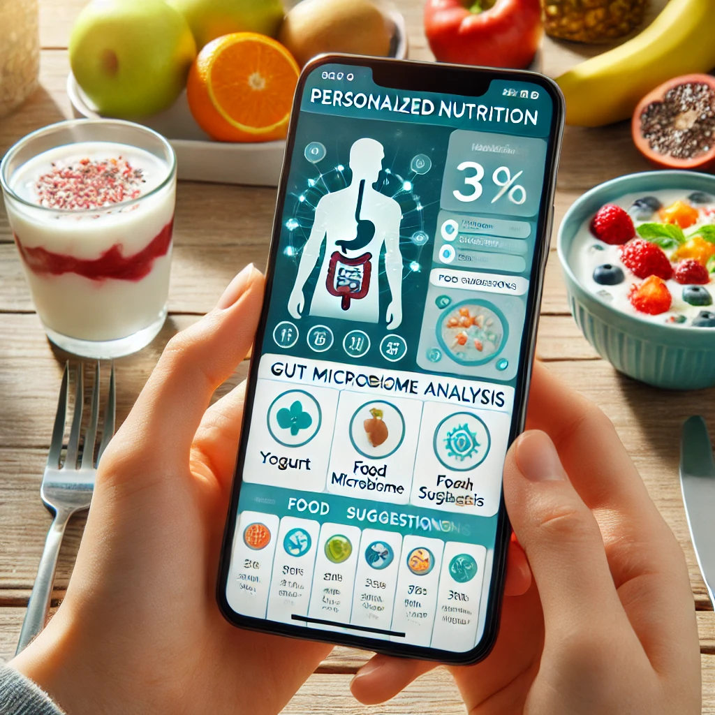 Close-up of a smartphone displaying a personalized nutrition app with a customized diet plan based on gut microbiome analysis, surrounded by healthy foods.