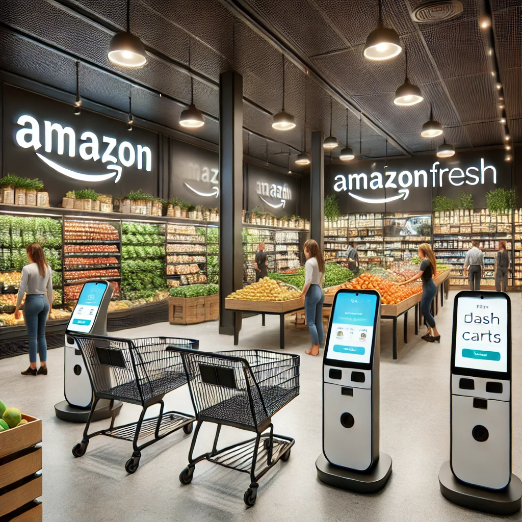 a modern Amazon Fresh store interior showcasing smart shopping technology, complete with Dash Carts, automated checkout kiosks, and fresh produce displays.