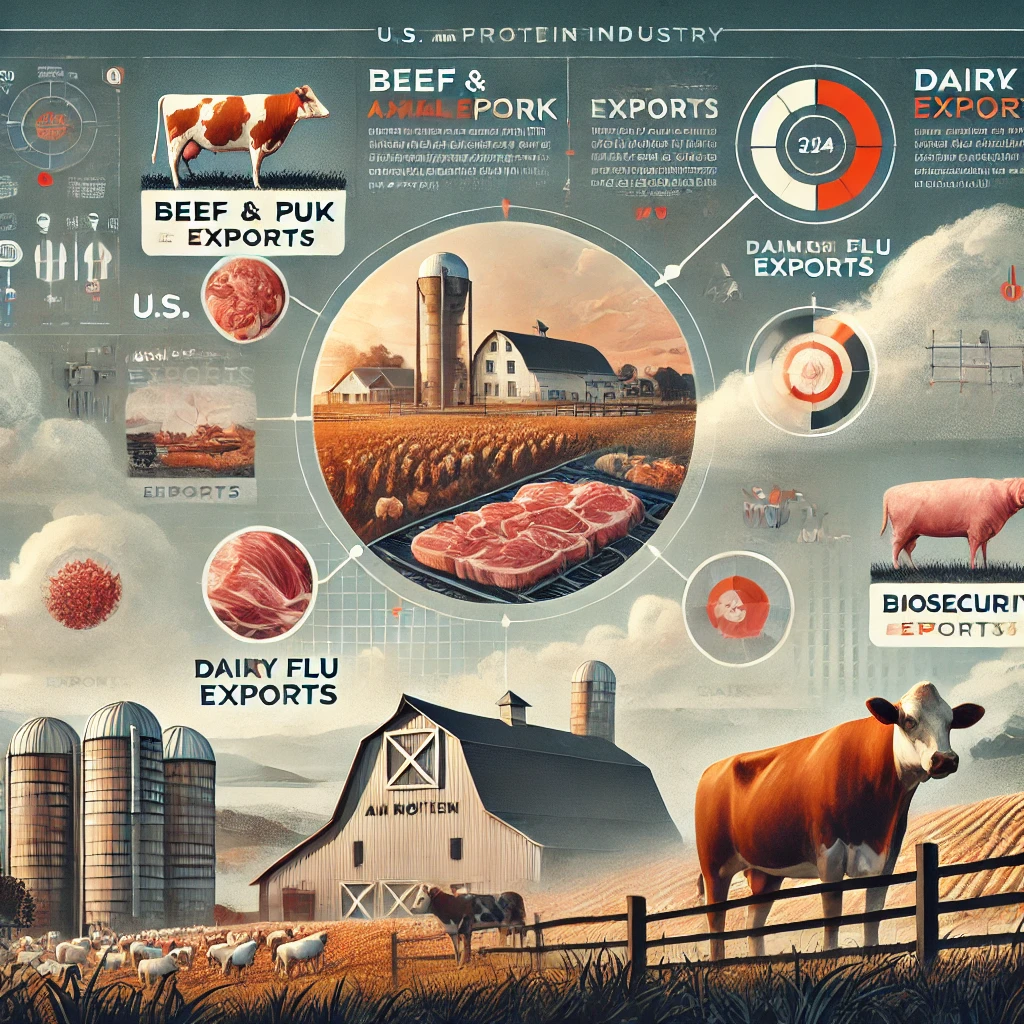 Infographic showcasing the U.S. animal protein industry, including beef and pork export data, avian flu impact on dairy farms, and biosecurity measures for swine and dairy sectors.