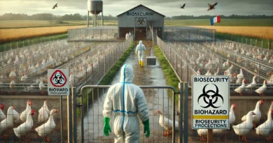 European poultry farm with biosecurity measures, protective workers, and biohazard signs in place to prevent bird flu spread among ducks and chickens.