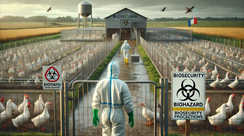 European poultry farm with biosecurity measures, protective workers, and biohazard signs in place to prevent bird flu spread among ducks and chickens.