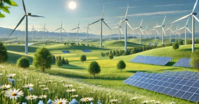 Showcasing a clean, modern European landscape with renewable energy sources like wind turbines and solar panels, embodying sustainability and progress.