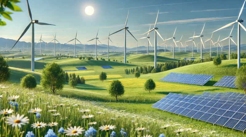 Showcasing a clean, modern European landscape with renewable energy sources like wind turbines and solar panels, embodying sustainability and progress.