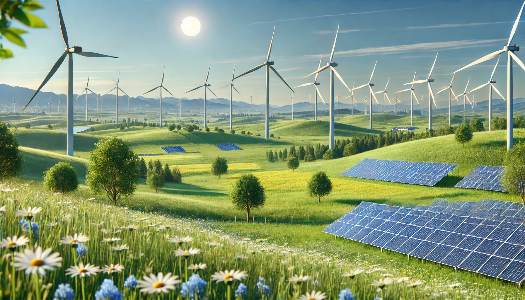 Showcasing a clean, modern European landscape with renewable energy sources like wind turbines and solar panels, embodying sustainability and progress.