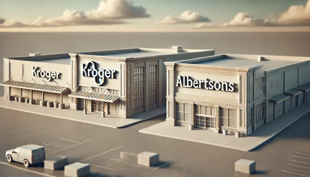 Two grocery store buildings, one labeled "Kroger" and the other "Albertsons," symbolizing the dynamics of competition and potential merger between the two brands.