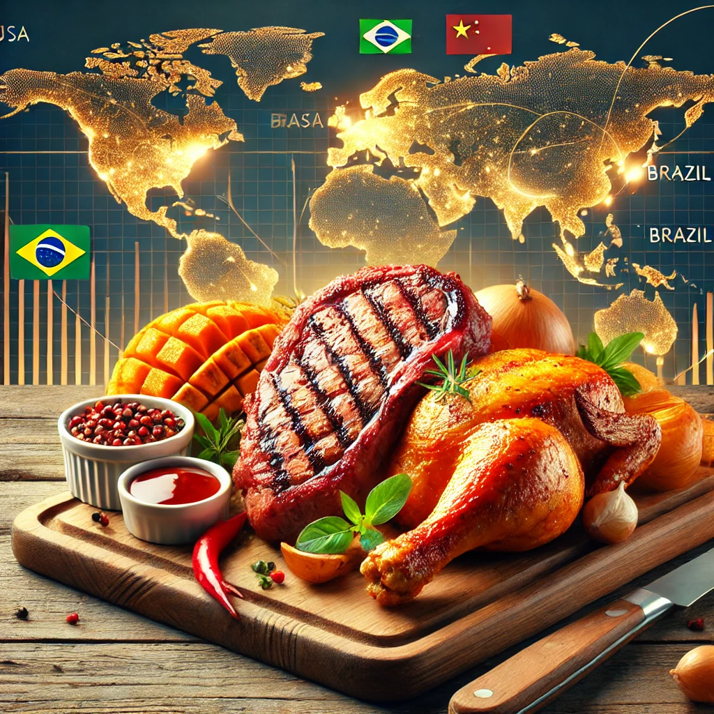 A vibrant and clickable image showcasing a sizzling steak, grilled chicken leg, and crispy pork chop on a wooden board with a global map overlay in the background, highlighting major meat-producing regions like the USA, Brazil, and China.