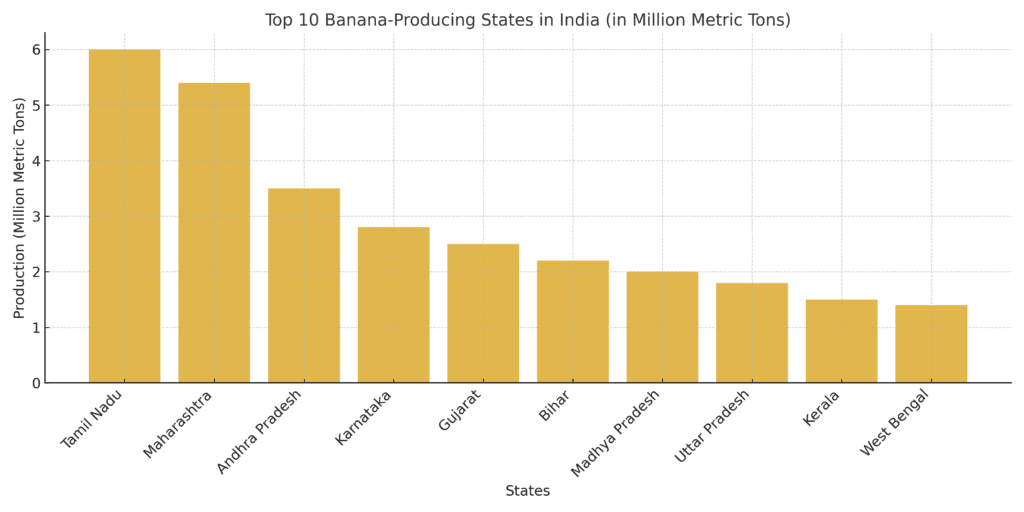 A bar chart showing banana production in the top 10 states of India, led by Tamil Nadu with 6 million metric tons.