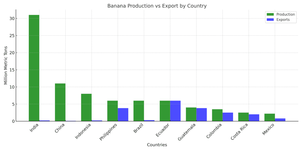 A grouped bar chart comparing banana production and export volumes for the top producers. Ecuador has high exports relative to production.