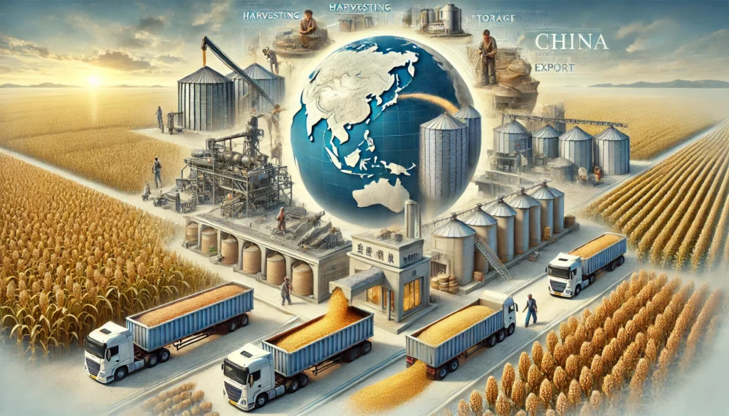 A highly realistic image illustrating the sorghum production value chain in China, from farming and harvesting to processing, storage, and transportation.