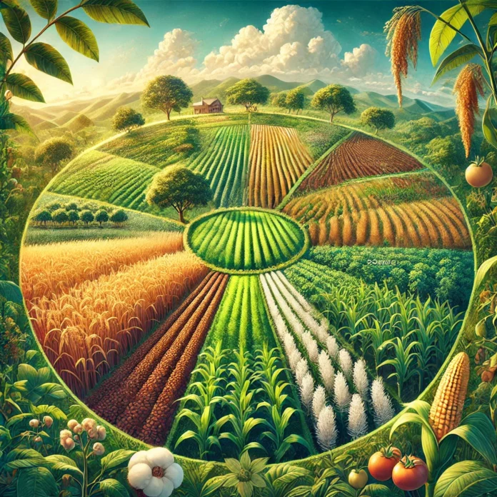 A visually rich and realistic illustration depicting the top 10 crops grown worldwide. The image features a panoramic view of lush, green farmland.