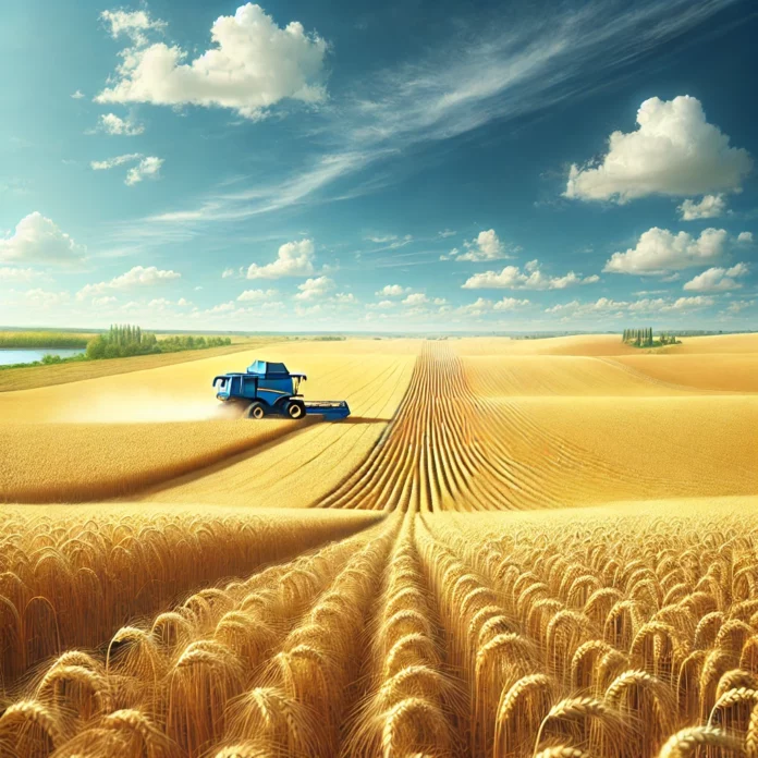 Here is an image that represents global wheat production, featuring a golden wheat field under a clear blue sky with a modern combine harvester in action. It visually complements the article while supporting SEO by emphasizing agricultural productivity.