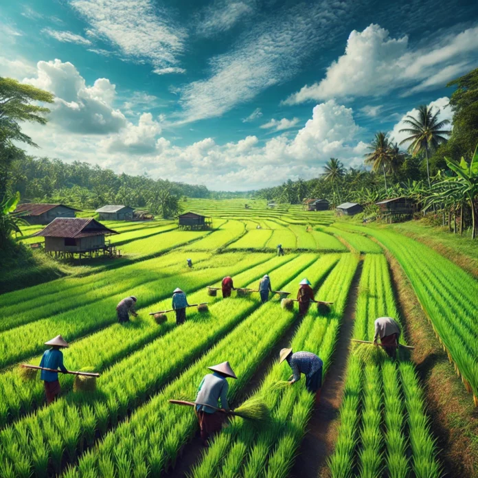 A vibrant rice field with farmers harvesting under a clear sky, illustrating traditional rice production methods.