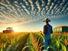 A lush cornfield with rows of vibrant green stalks and golden tassels under a clear blue sky, featuring a farmer examining the crop near a modern tractor.