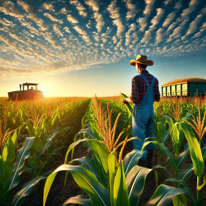 A lush cornfield with rows of vibrant green stalks and golden tassels under a clear blue sky, featuring a farmer examining the crop near a modern tractor.