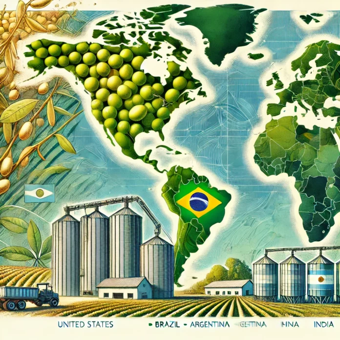 A vibrant illustration highlighting the world's largest soybean producers on a global map, including the U.S., Brazil, Argentina, China, and India, with soybeans and farmland integrated into the design.