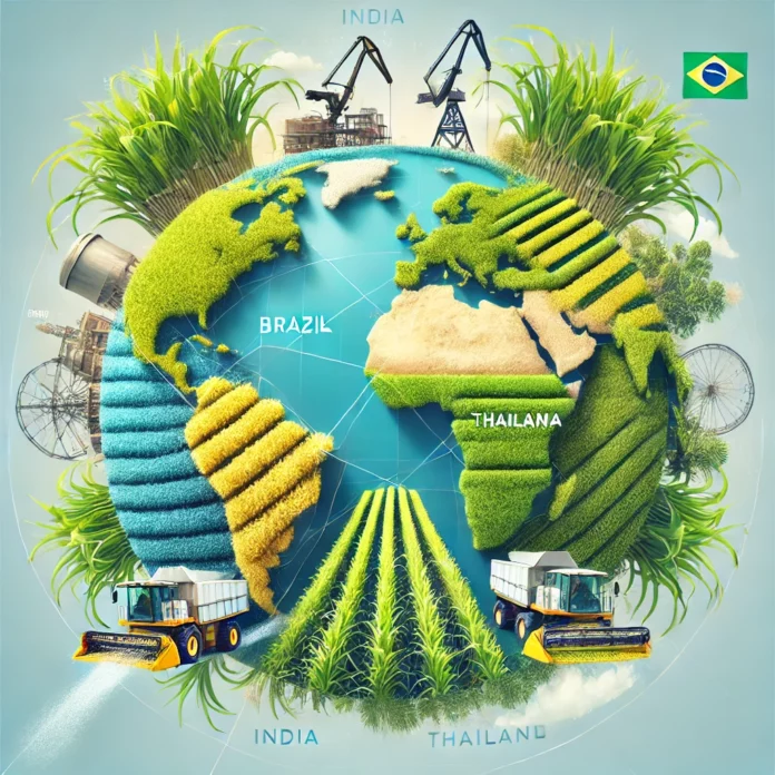 A realistic illustration of the world's largest sugarcane producers, highlighting Brazil, India, China, Thailand, and Pakistan on a global map with visuals of sugarcane fields and harvesting machinery.