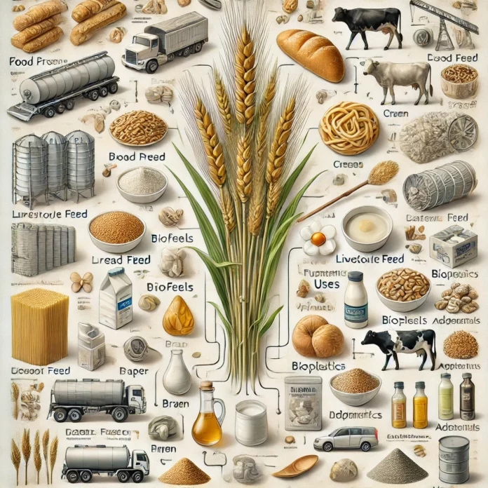 A technical and realistic infographic displaying the main uses and applications of wheat, including food production, livestock feed, industrial uses, and pharmaceuticals.