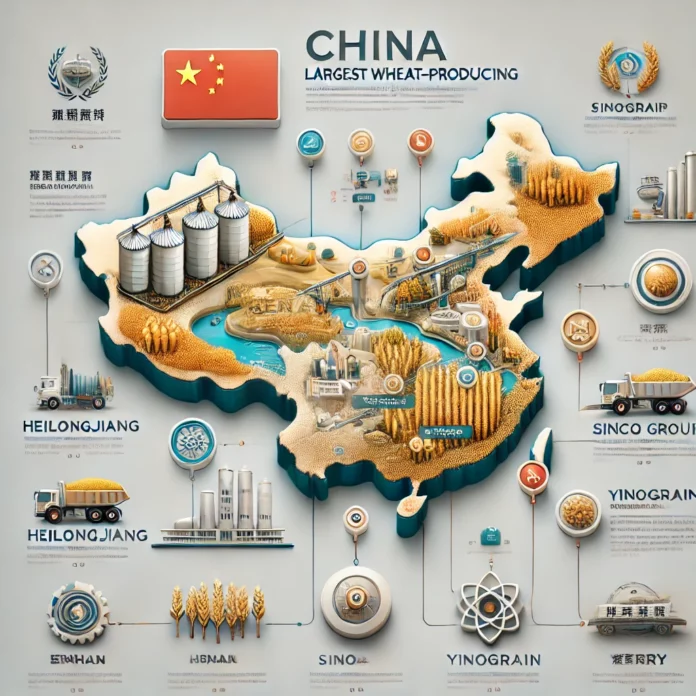 A detailed infographic showing China's largest wheat-producing companies, such as COFCO Group and Sinograin, and key wheat-growing regions like Heilongjiang and Henan.