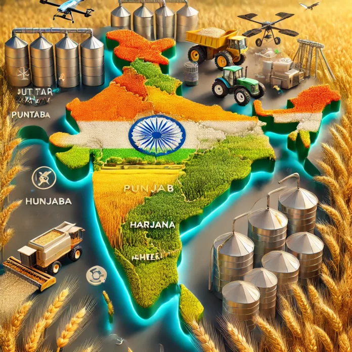 A hyper-realistic map of India's largest wheat-producing states, including Uttar Pradesh, Punjab, Haryana, Madhya Pradesh, and Rajasthan, with visuals of golden wheat fields, modern farming equipment, and silos.