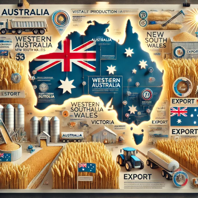 A professional infographic showcasing wheat production in Australia, highlighting key states like Western Australia, New South Wales, and Victoria, with visuals of wheat fields, farming equipment, and export logistics.