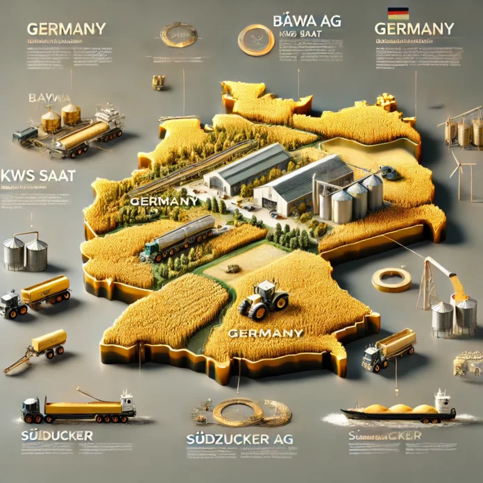 A realistic infographic showcasing Germany’s largest wheat-producing companies, including visuals of golden wheat fields, modern farming equipment like tractors and silos, and export elements such as grain trucks and containers.