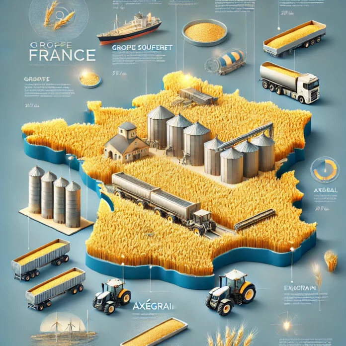 A realistic infographic showcasing France’s largest wheat-producing companies, featuring a map of France with key agricultural regions, golden wheat fields, silos, and modern farming equipment.