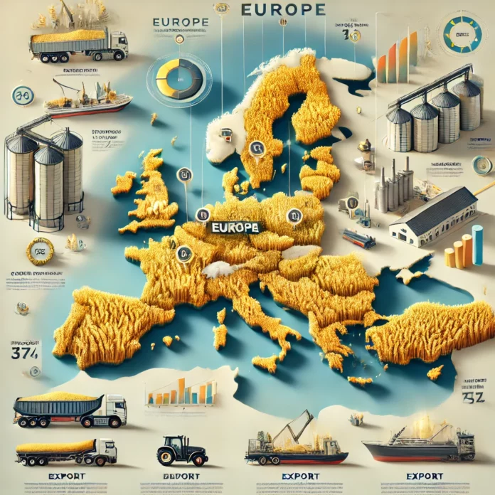 A realistic infographic showcasing Europe’s largest wheat-producing companies, featuring a map of Europe, golden wheat fields, silos, and export elements such as trucks and ships.