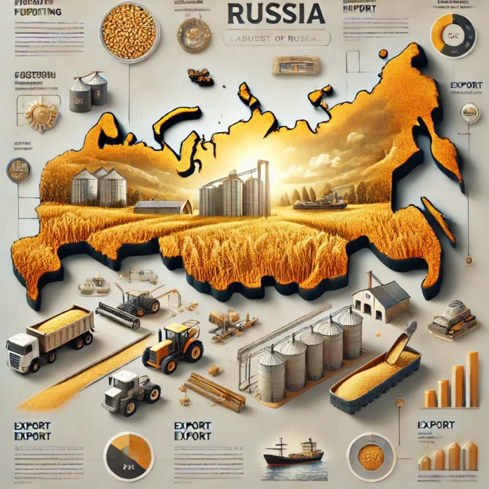 A realistic infographic depicting Russia’s largest wheat-producing regions with visuals of golden wheat fields, modern farming equipment like silos and tractors, and export logistics such as grain trucks and ships.