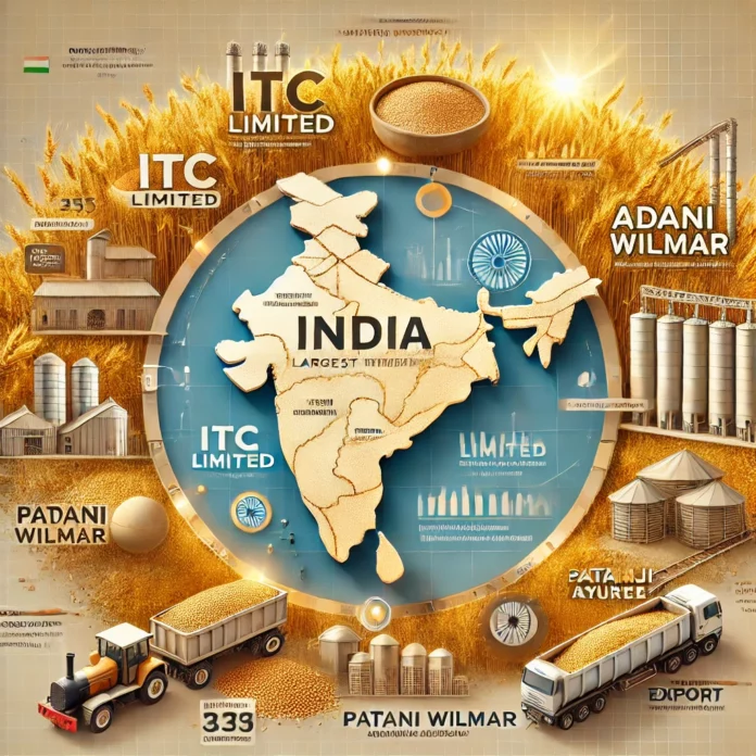 A realistic infographic showcasing India’s largest wheat-producing regions, featuring a map of India, golden wheat fields, modern farming equipment like silos and tractors, and transport elements such as grain trucks and trains.