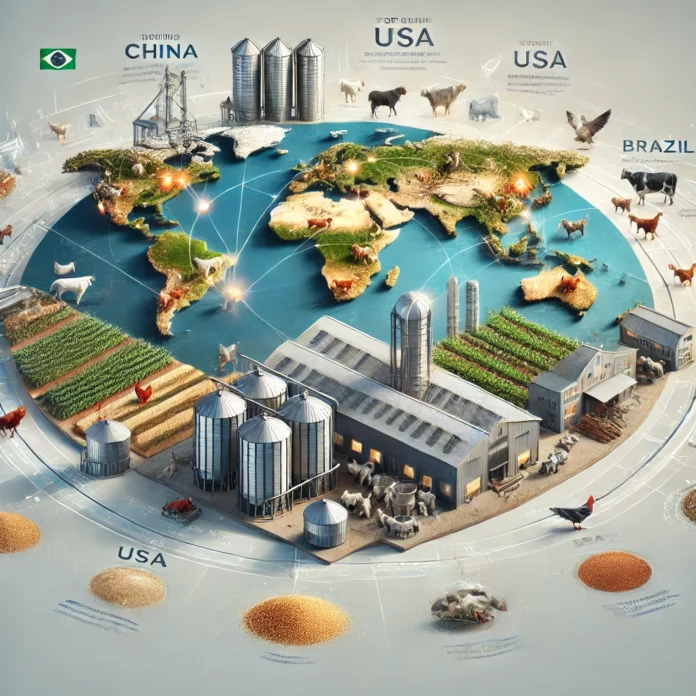 A realistic infographic showcasing the top animal feed-producing countries globally, including China, USA, Brazil, and India, with visuals of livestock, grain silos, and feed production facilities.