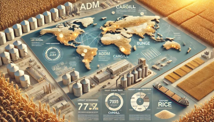 A realistic infographic showing the largest grain and cereal-producing companies globally, featuring a world map, golden wheat fields, corn, rice, grain silos, processing facilities, and export ships.