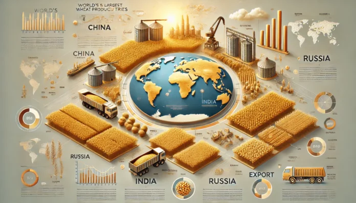 A realistic infographic featuring the world's largest wheat-producing countries, showcasing a global map with highlighted nations like China, India, Russia, and the United States, along with visuals of wheat fields, silos, harvesting equipment, and export logistics.