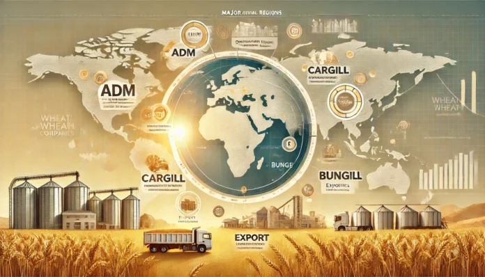 A realistic infographic showing the world's largest wheat-producing companies, featuring a global map with highlighted regions of operations, along with visuals of wheat fields, silos, harvesting equipment, and logistics such as ships and trucks.