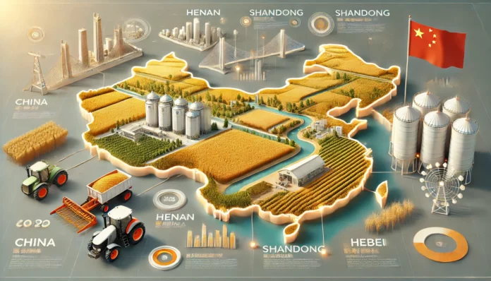 A realistic infographic featuring China’s largest wheat-producing regions, including Henan, Shandong, and Hebei, with visuals of golden wheat fields, farming equipment, and a map highlighting key provinces.