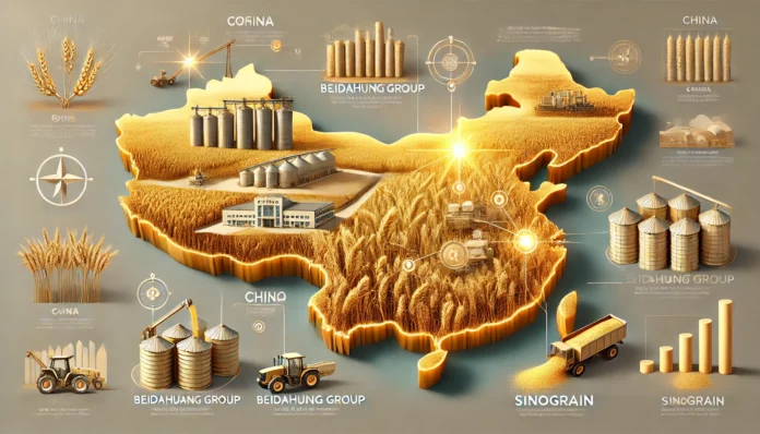 A realistic infographic showcasing the largest wheat-producing companies in China, with a map highlighting operational regions, golden wheat fields, silos, and farming equipment like tractors.