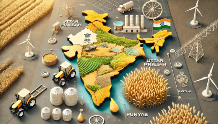 A realistic infographic showcasing India's largest wheat-producing regions, including Uttar Pradesh, Punjab, and Haryana, with visuals of golden wheat fields, modern farming equipment, and a map highlighting key states.